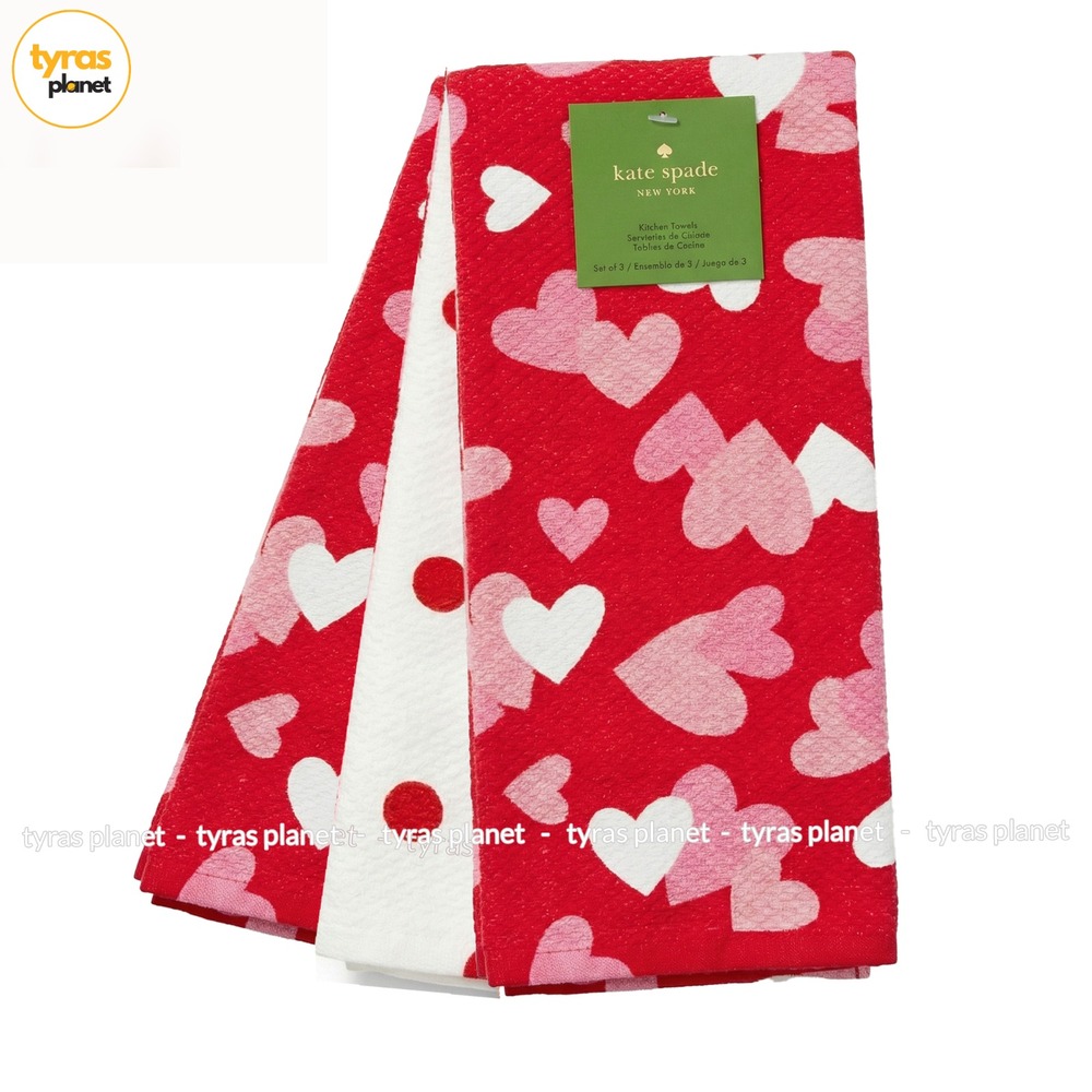 Kate Spade New York Valentine Heart Polka Dot Kitchen Towel Set of 3 Red Pink